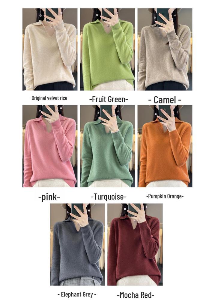 2023 Autumn/Winter Seamless Wool V-Neck Polo Sweater: Short, Solid Color, Loose Knit Base Layer