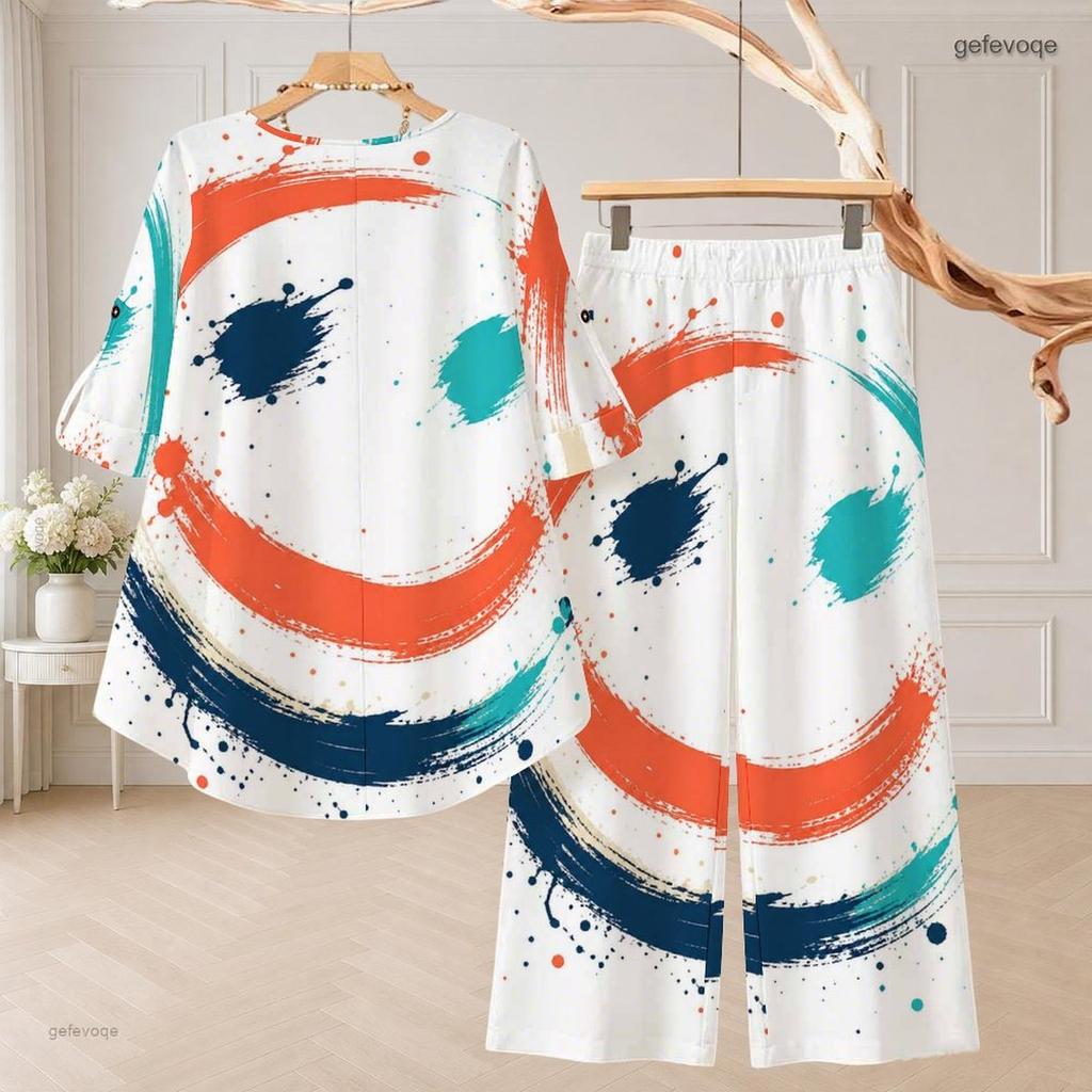 Women Plus Size Blue White Printed Round Neck Half Sleeve High Low Top And Long Pants Two Piece Set