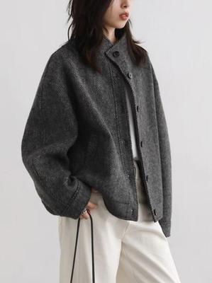 CHICVENN Retro Stand Collar Twill Texture Woolen Short Coat for Women