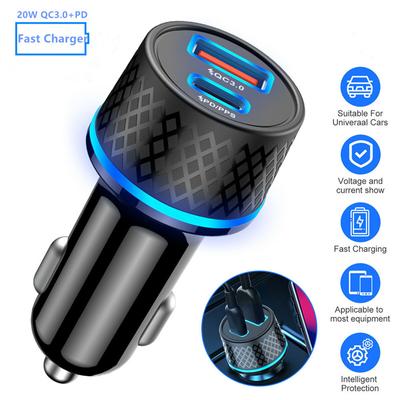 QC3.0  Car Charger 20W USB+PD  Type-c Fast Charging Cigarette Lighter Charger Adapter With LED Light Car Accessories