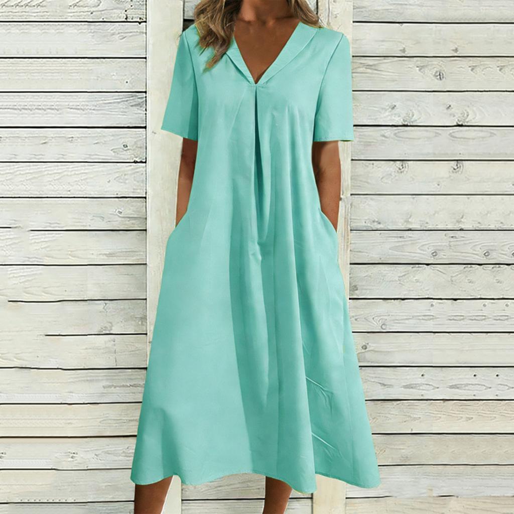 Women's Summer Fashion Casual Cotton-Linen Blend V-Neck Pocket Short-Sleeve Dress