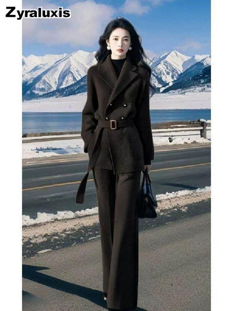 Plus Size Woolen Coat Sets for Plus-size Women, Wide-leg Pants Sets to Slim Figure