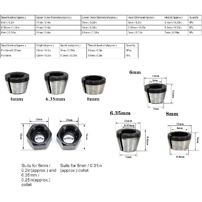 6Pcs Router Collet Replacement Carbon Steel Router Collet Chuck Adapter with Nut 6mm 6.35mm 8mm for Trimmer Engraving Machine