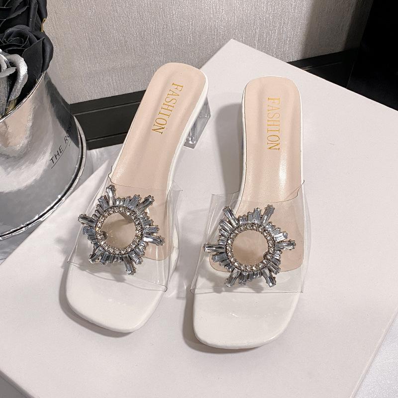 Slope heel sandals summer new large size cool slippers women's rhinestone transparent fashion slope heel cool slippers