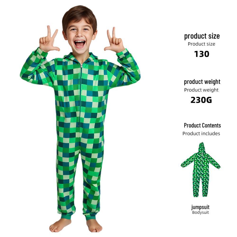 Children s Long Sleeve Minecraft Green Block Halloween Cosplay Costume 110cm