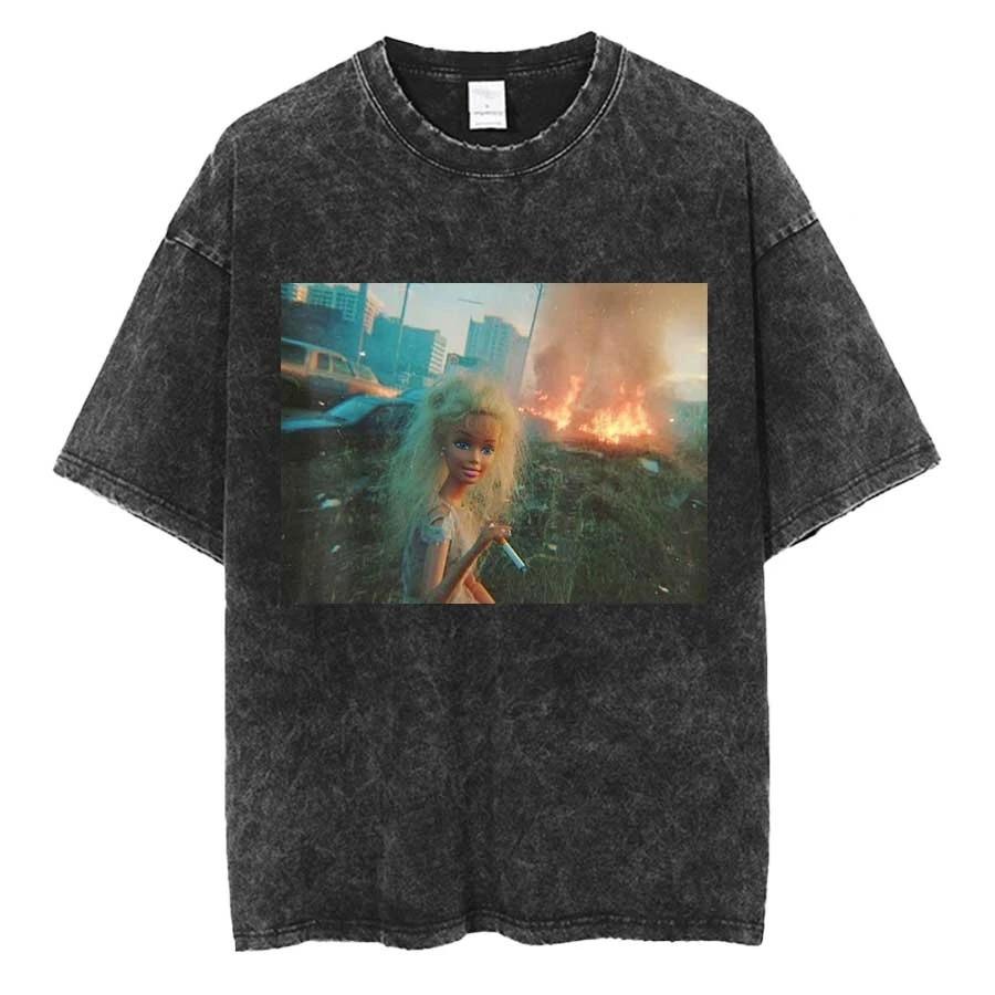 Tricou supradimensionat amuzant cu fața de păpușă uzată, fumând, unisex, pentru femei, streetwear, bumbac, tricou spălat vintage pentru tricouri unisex pentru femei