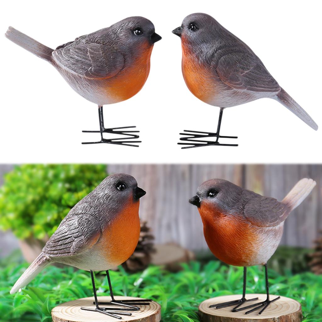 Set of 2 Resin Robin Bird Figurines Lifelike Couple Bird Statue Home Decor Desktop Ornament for Living Room Entryway