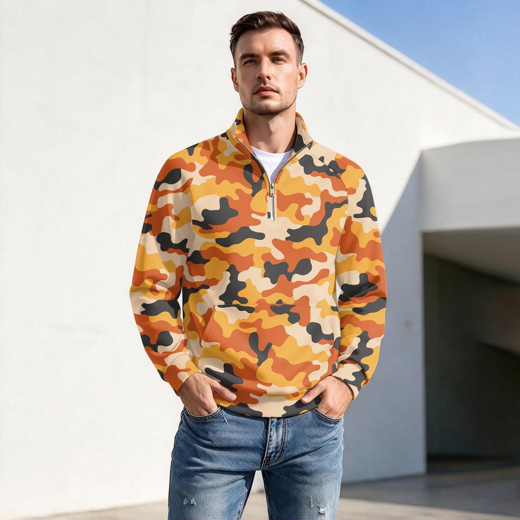 Men's Print Zip Pullover with Stand Collar, Casual Wrinkle- Top for Fall Winter Outdoor Sports