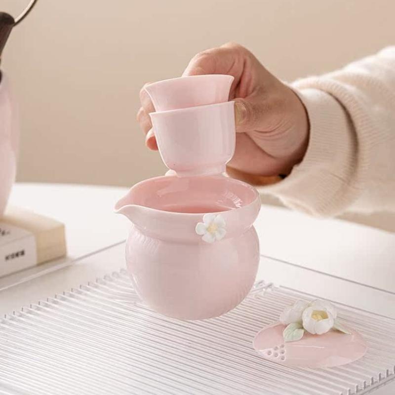 Pink Kneaded Flower Travelling Tea Set Outdoor Portable Bubble Tea with Storage Bag Kung Fu Tea Set Ladies Ceramic Snap Cups