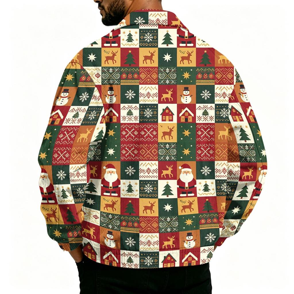 Men's Casual Corduroy Work Jacket with Pockets, Zip-Up Long Sleeve Coat, Christmas Print