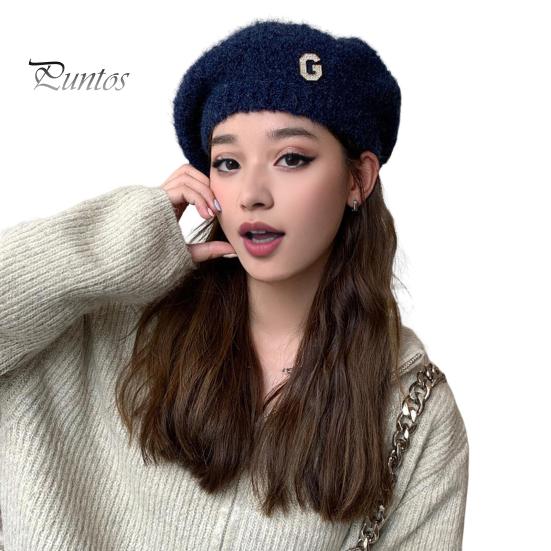

Женская зимняя шапка с надписью и стразами в японском стиле, эластичный берет, нескользящая, сохраняющая тепло, вязаная шапка, однотонная шапка художника синий