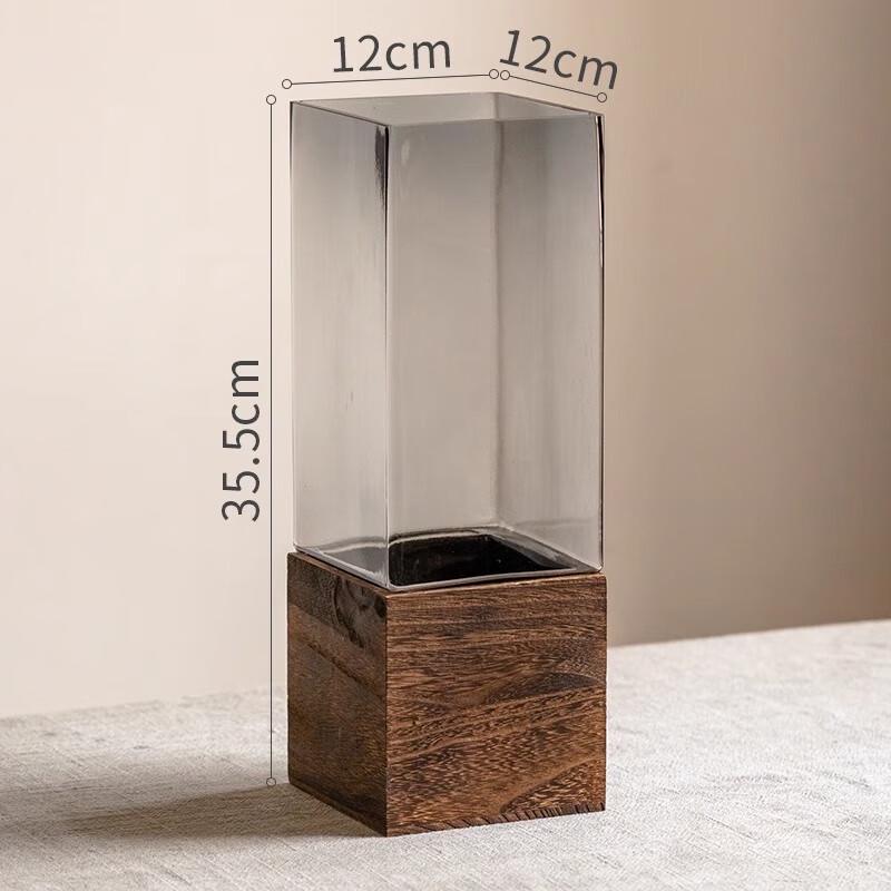 Large Grey Cylindrical Glass Vase with Wood Accent