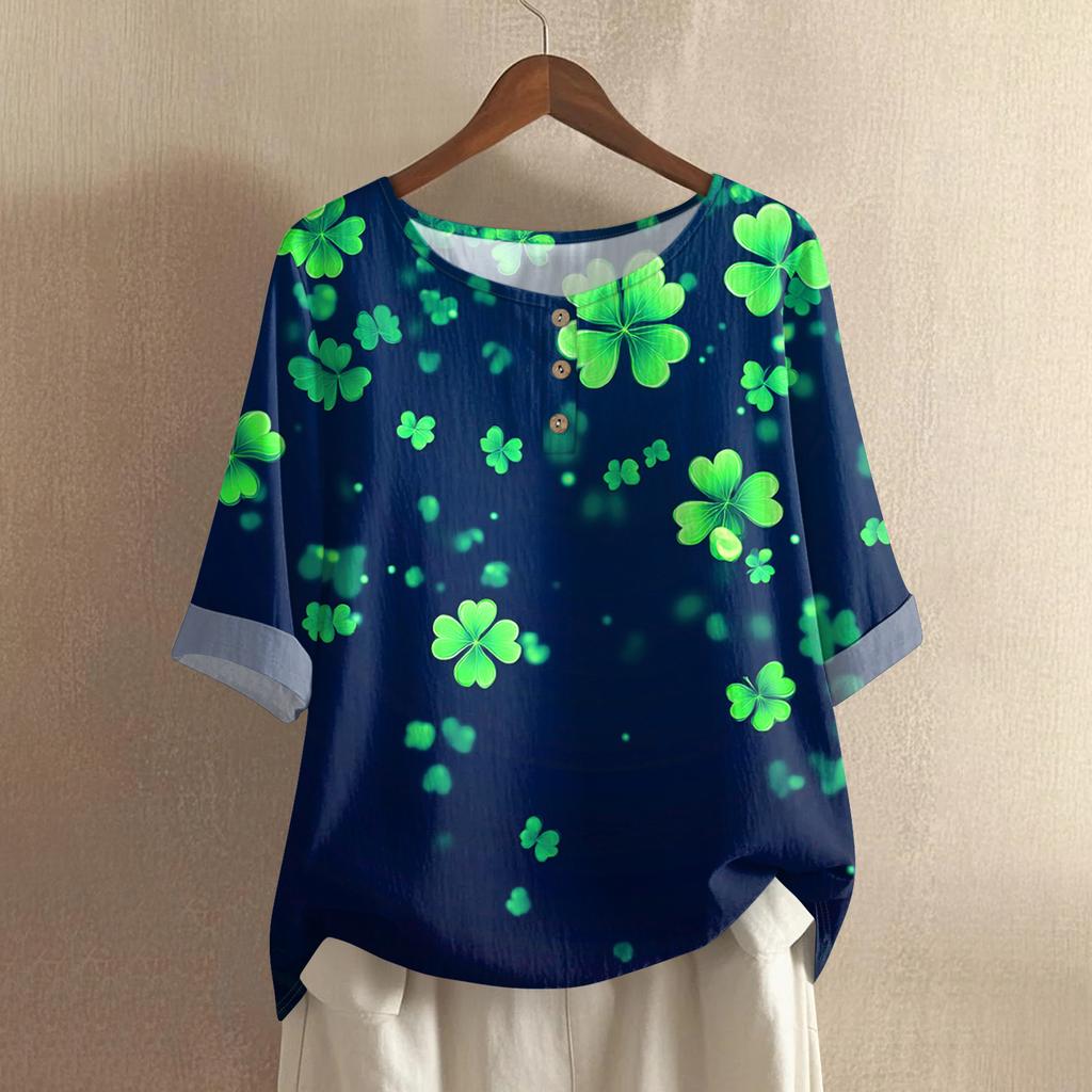 Women's Fashionable And Casual Shirt 3/4 Sleeve Round Neck Print Blouse Top
