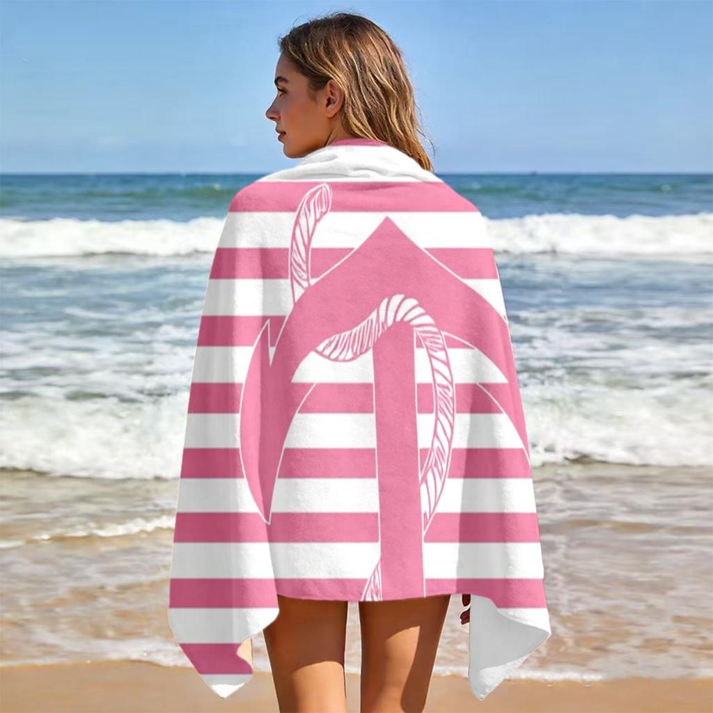 Pink White Striped Anchor Design Beach Towel, Soft Lightweight Absorbent Quick-Dry for Beach