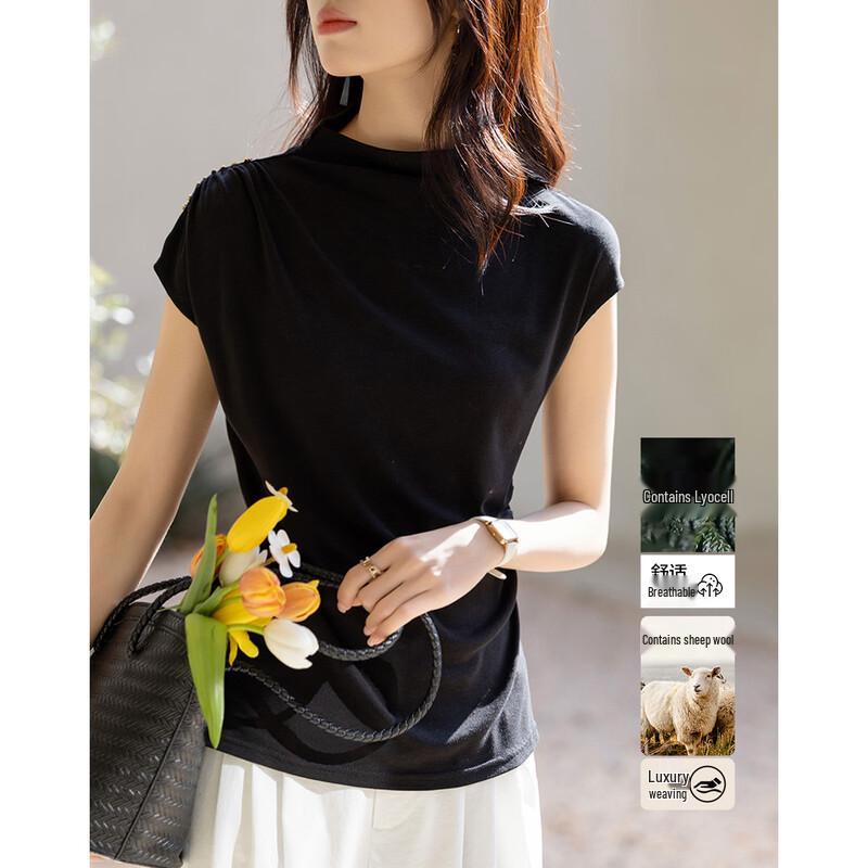 Women s Lyocell Merino Wool Blend Stacked Collar Short Sleeve T-shirt M