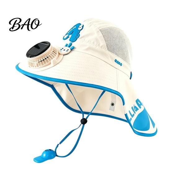 Breathable Mesh Sun Hat Kids Cap with Built-in Solar Fan, Wide Brim Protection Cooling Baby Hiking Hat, Fabric Summer Cartoon Pattern, Shawl