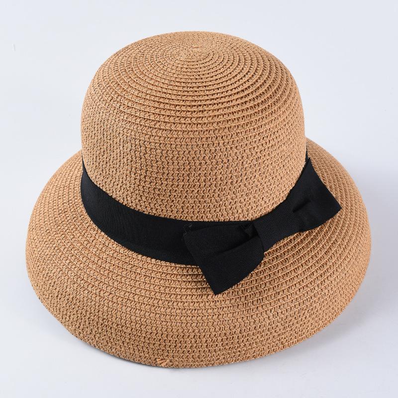 Hepburn Bow Ribbon Sun Hat Women'S Straw Hat Bucket Hat Color Sunscreen Sun Hat Beach Hat