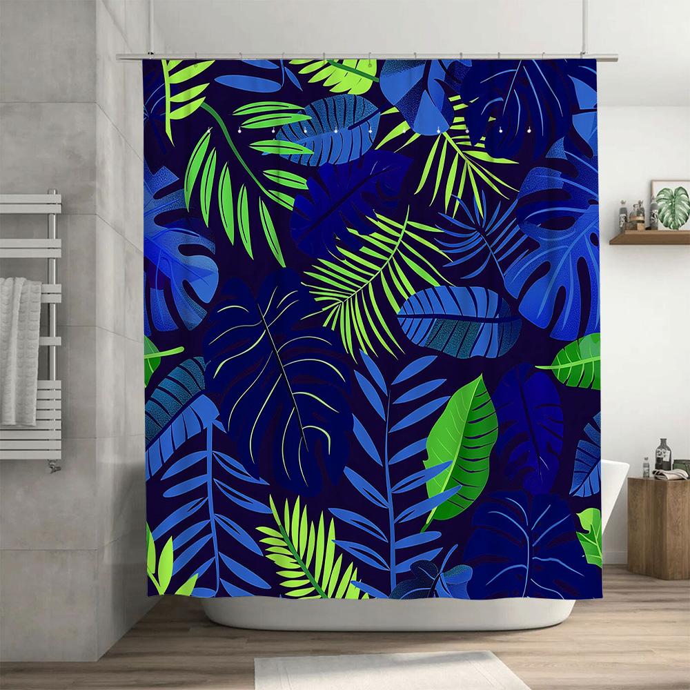 Tropical Leaves Shower Curtain Fabric Waterproof Bath Decor With Black Blue Green Colors 72X84 Inches (180Cm X 213Cm)