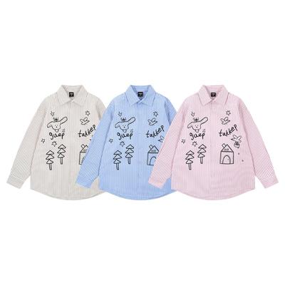 VAYLA Cute Cartoon Print Short Sleeve Women's Shirt  Loose Japanese Style Striped Polo Collar Button Decorated Fashionable