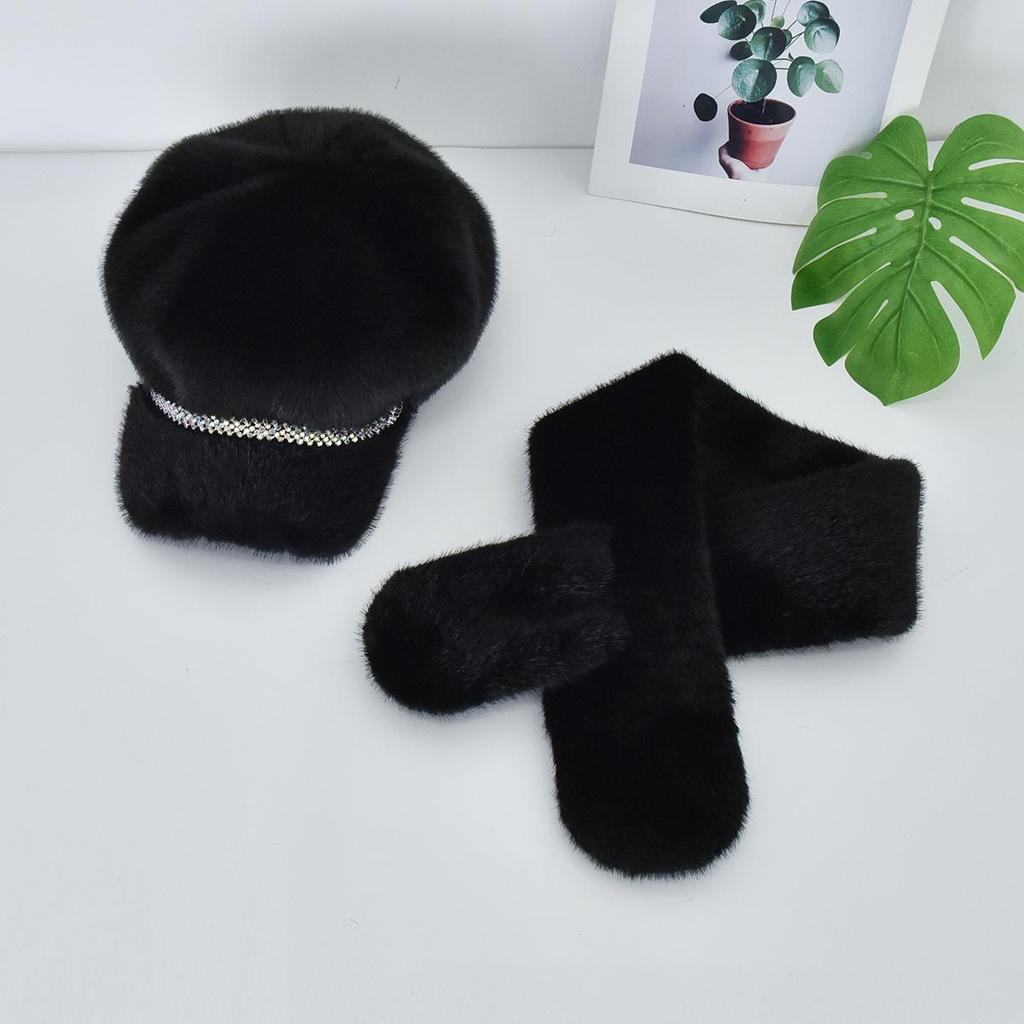 Luxury Faux Mink Fur Beret with Visor for Women, Winter Hat&Scarf Set,Outdoor Peaked Beret with Rhinestone Embellishment