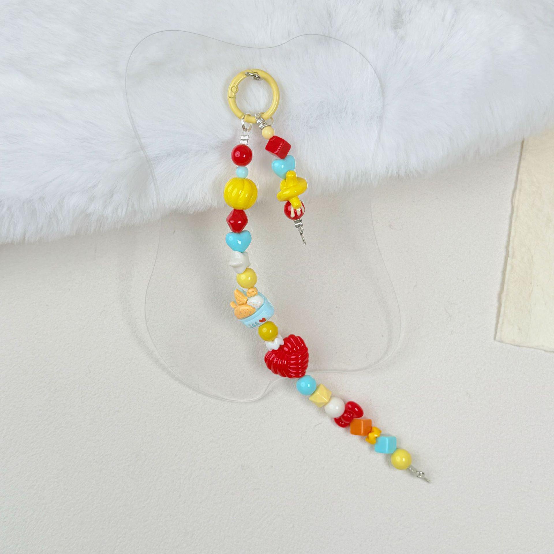 Sheep Horn Nail Long Chain with Dopamine Color Beads - DIY Phone Charm with Cute Grain Doll