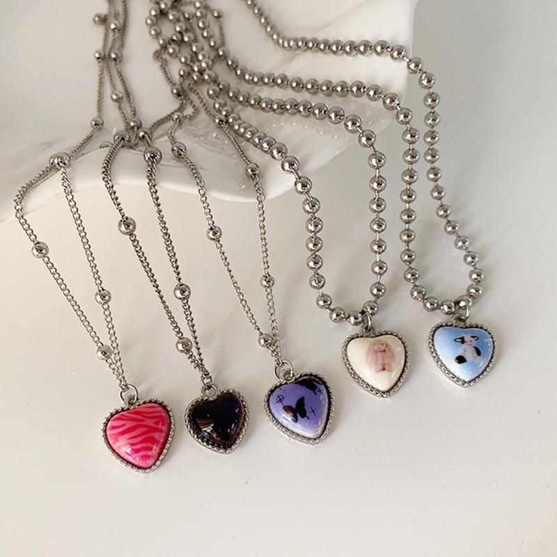 Colorful Butterfly Rabbit Collar Chain Cute Heart Pendant Necklace for Girls Sweet Heart Clavicle Chain Jewelry Women