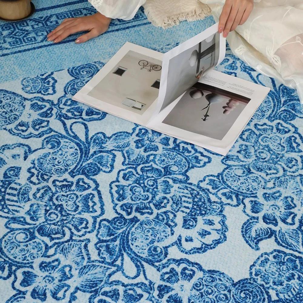 Blue Vintage Chinese Floral Rug Living Room Large Area Carpet Light Luxury Home Decoration Anti-slip Washable Mats Bedroom Rugs