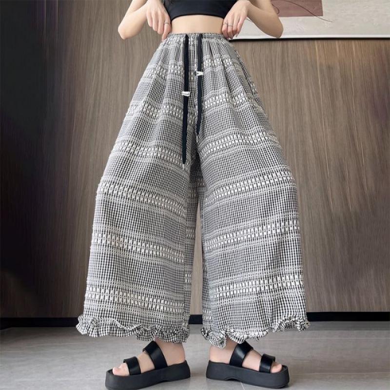 Maternity High-Waisted Ruffle Plaid Wide-Leg Skirt-Pants - Slimming Casual Summer Wear 4XL