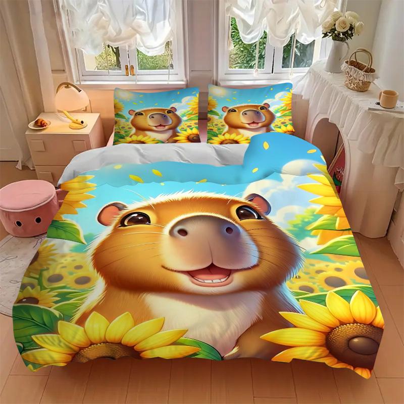 3pcs Capybara Sunflower Field Duvet Cover Set -Includes 1 Duvet Cover and 2 Pillowcases, No Quilt Core, All-Season Home Decor yy251111175