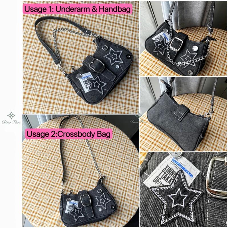 Vintage Canvas Female Small Shoulder Bags Chain Tote Purses Y2k Fashion Women's Handbags Stars Pattern Cool Girls Underarm Bag