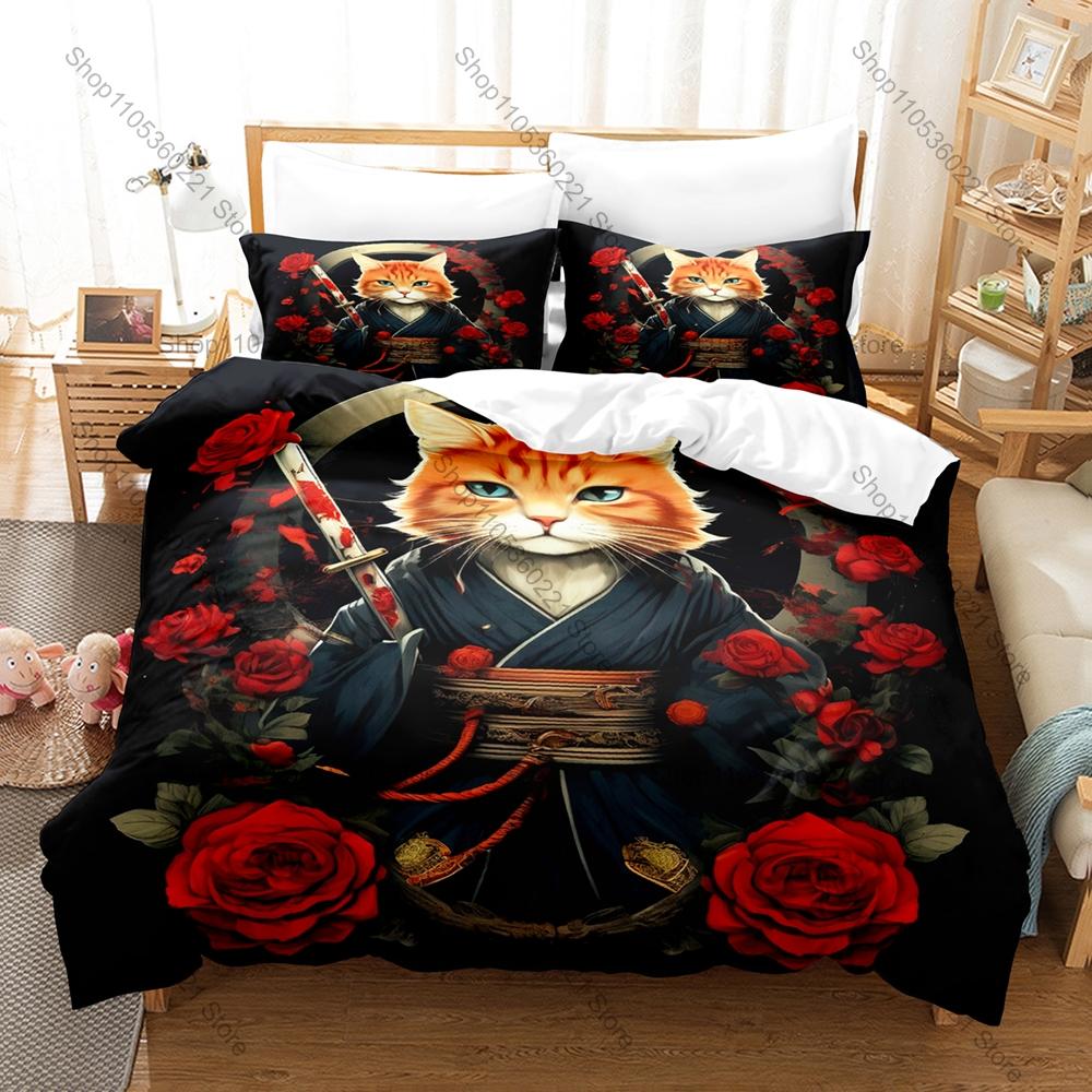 Samurai Cat 3PCS Bedding Set Cool Warrior Cat Print Soft Microfiber Duvet Cover Pillowcase Home Decor