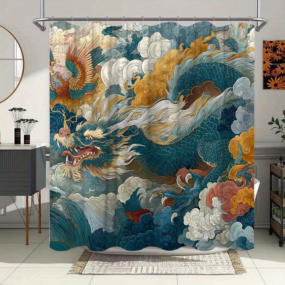 Drachen- & Phönix-Druck Wasserdichter Duschvorhang für Badezimmer, Traditionelles Orientalisches Design Hochwertiger WC-Trennvorhang