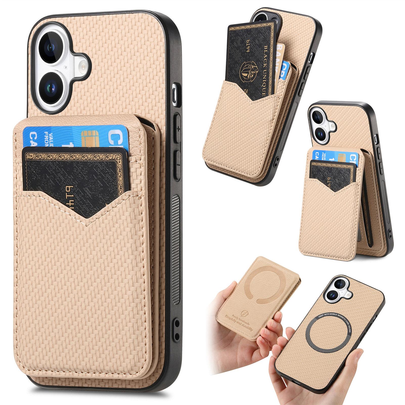 

C1-14 For iPhone 16 Case Carbon Fiber Texture Leather+TPU Kickstand Phone Cover Detachable Card Holder