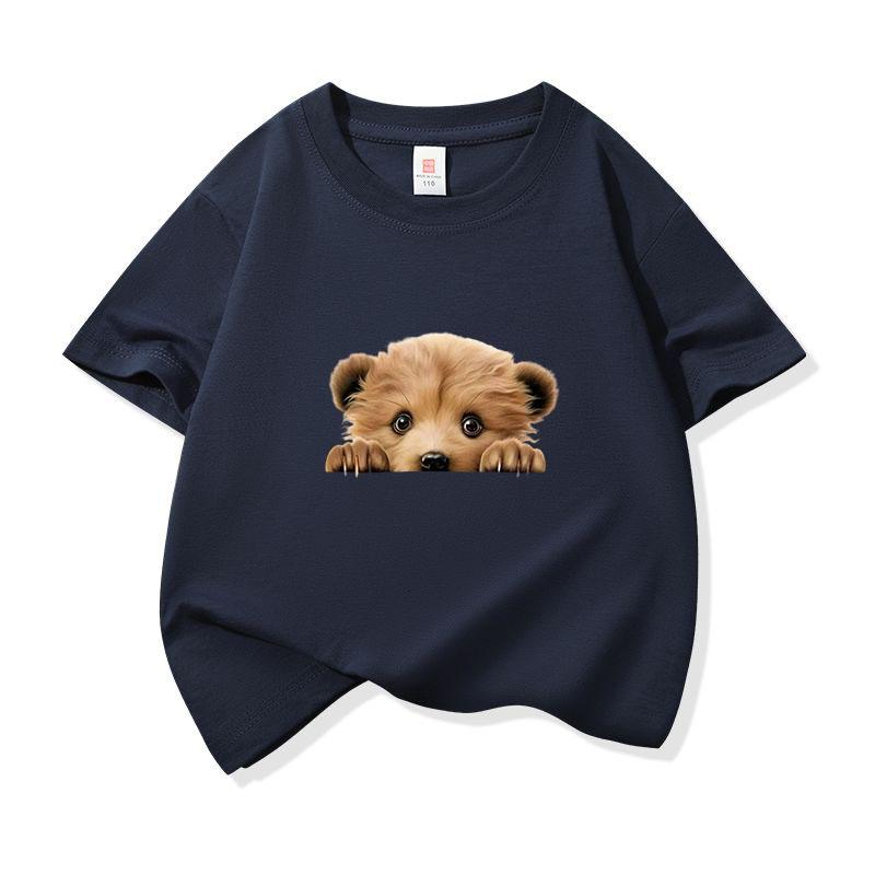 Kids Cotton T Shirt Cute Peeking Bear Cub Print Crew Neck Short Sleeve Tee Casual Breathable Boys Girls Summer Tops