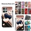 Handmade PU Leather Flip Case for Motorola Moto G75 Anti-Slip Shockproof Cover with Wrist Strap & Heart/Rose Cat Designs