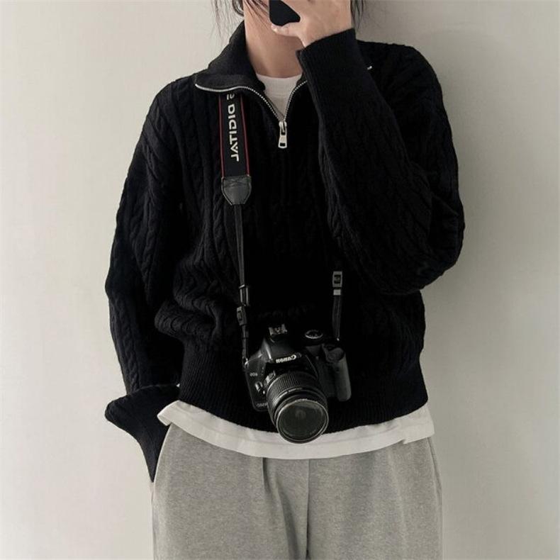 Women's Pullover Knit Sweater Autumn and Winter New Zipper Casual Long Sleeve Pullover Top Women