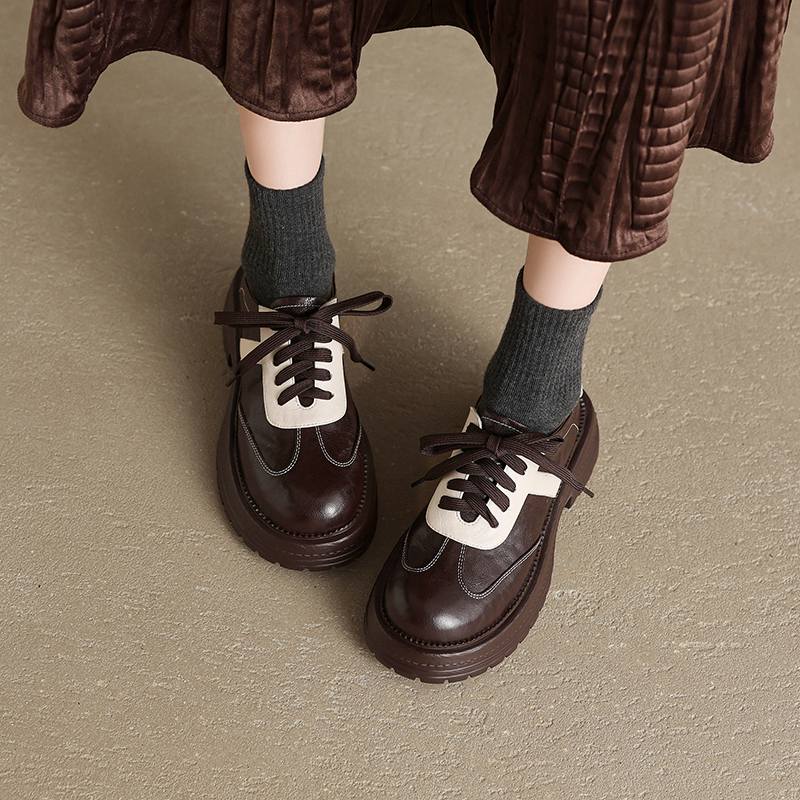 Krazing Pot Sheepskin Round Toe Med Heels Slip on Spring Autumn Shoes Big Size 41 Lace Up Mixed Color Oxford Women Pumps