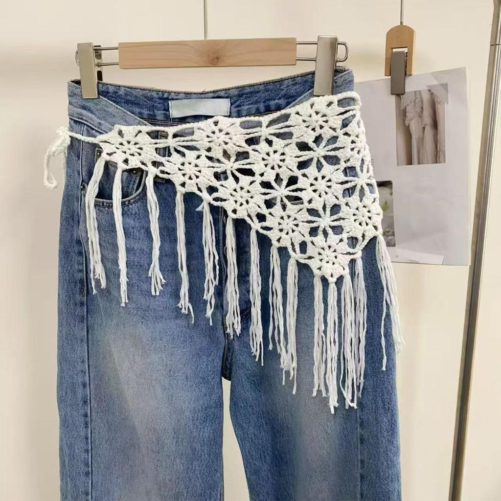 Bohemian Crochet Tassel Waist Scarf Adjustable Fringe Layering Accessory for Women
