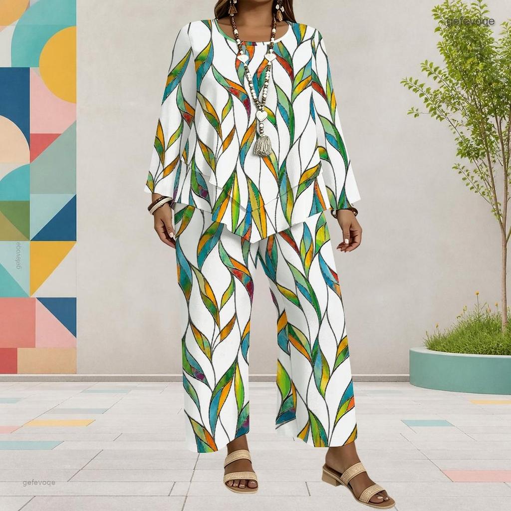 Women Plus Size Two Piece Set Round Neck Long Sleeve Printed Layered Top Green Blue Wide Leg Cropped Pants