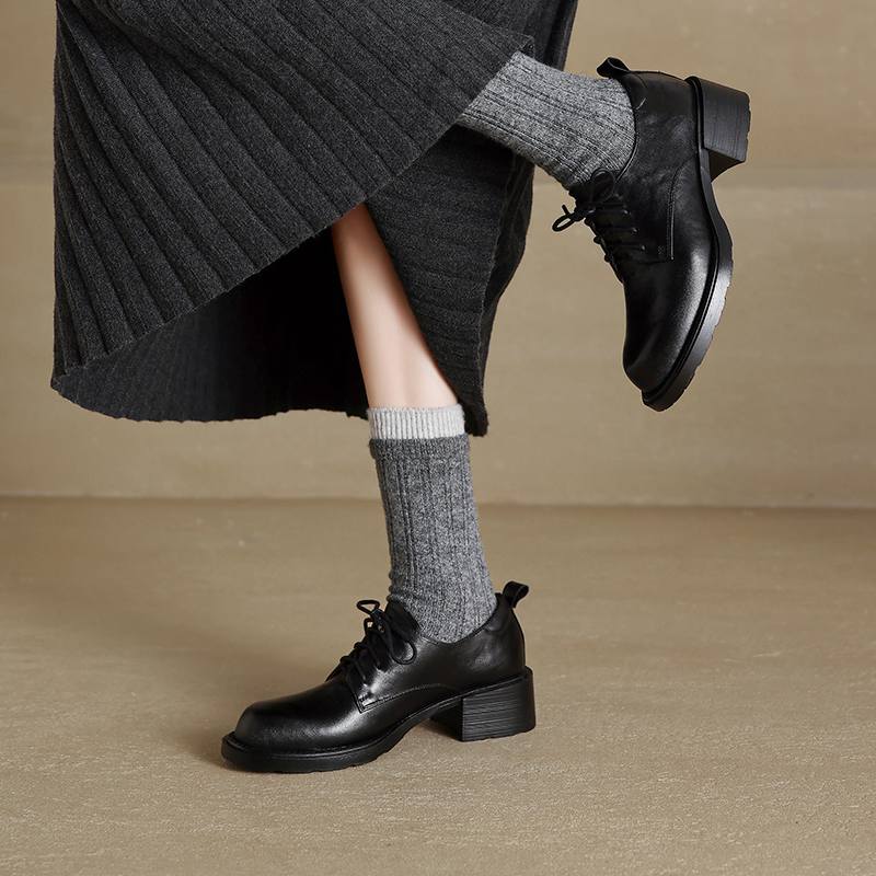 Krazing Pot Pelle di Pecora Punta Tonda Tacco Medio Allacciatura Scarpe Primavera Autunno Taglia Grande 41 Oxford Donna Pumps