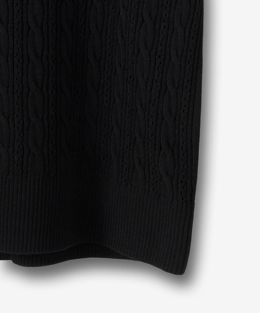 BLOND9 Cable Punching Short Sleeve Collared Knit_Black