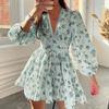 Spring Elegant Floral V Neck Lace Short Dress For Women With Puff Sleeves
