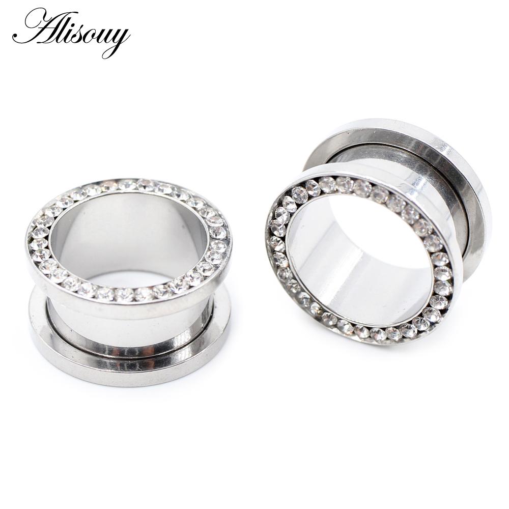 Alisouy 2pcs Stainless Steel Crystal Zircon Ear Tunnels Plug Screw Fit Colorful Ear Flesh Gauge Ear Expanders Piercing Jewelry 1.6mm