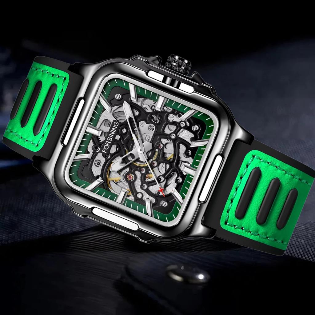 Forsining Square Dial Skeleton Watch Automatic Watch for Men Luxury Sports Mechanical Wristwatch Waterproof Luminous Leather Band