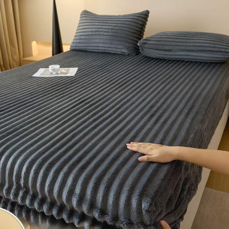 

Solid-color Rabbit Fur Plush Strip Mattress Protection Cover Thick Warm Elastic Fitting Bed Cover for Single Bed Double Bed 2pcs pillowcase