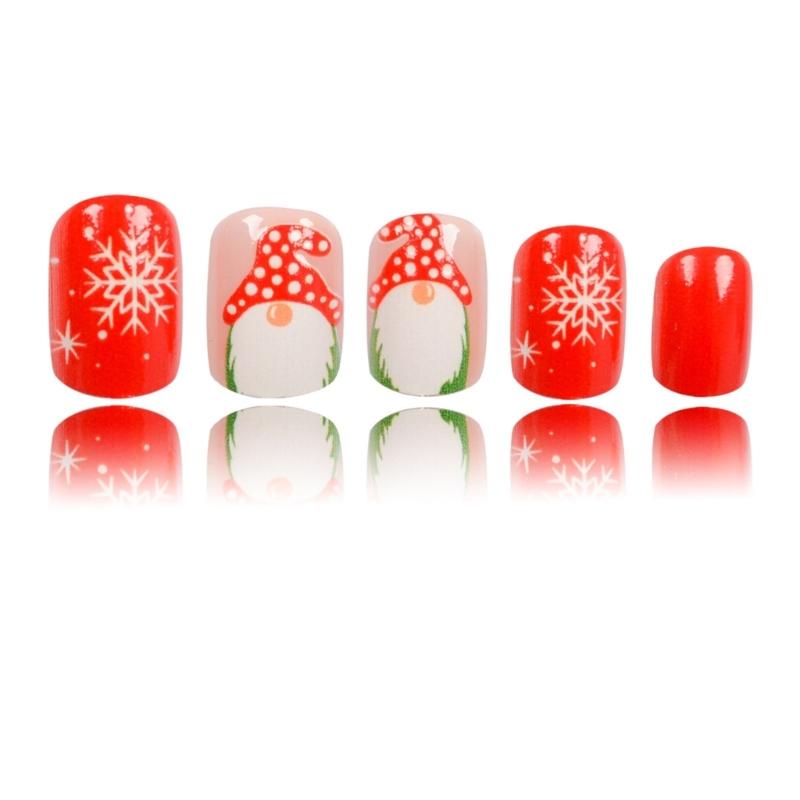 White Snowflake Press On Nails Short Square Artificial Nails Santa Claus Full Cover Stick on Nails Christmas False Nails