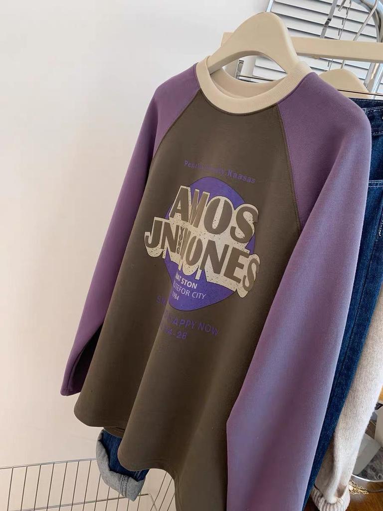 European-Style Plus Size 240 Jin Brushed Raglan Contrast Long Sleeve Women's Thermal Fleece Top for Early Spring/Autumn