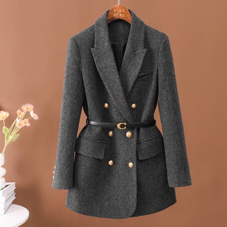 2025 Women's Double-Breasted Woolen Blazer: Mid-Length Autumn Winter Fashion Coat