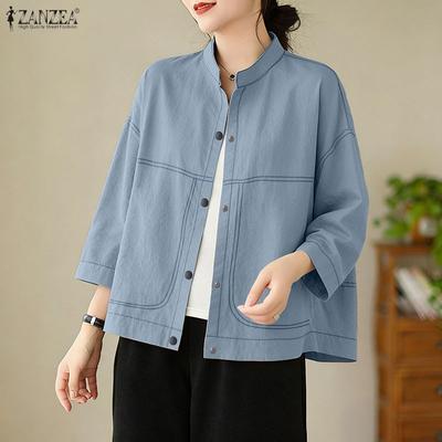Women Casual Round Neck Solid Color 3/4 Sleeve Loose Blouse