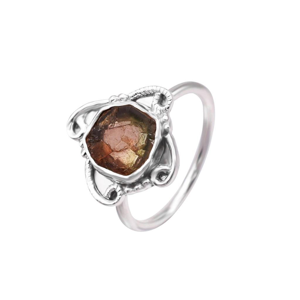 925 Sterling Silver Bi Color Raw Tourmaline Gemstone Design Ring Size 8 US  Gift